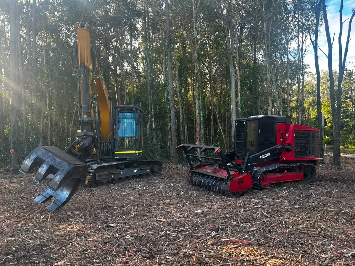 Full Force Contracting excavator and forestry mulcher on a freshly cleared site in Queensland